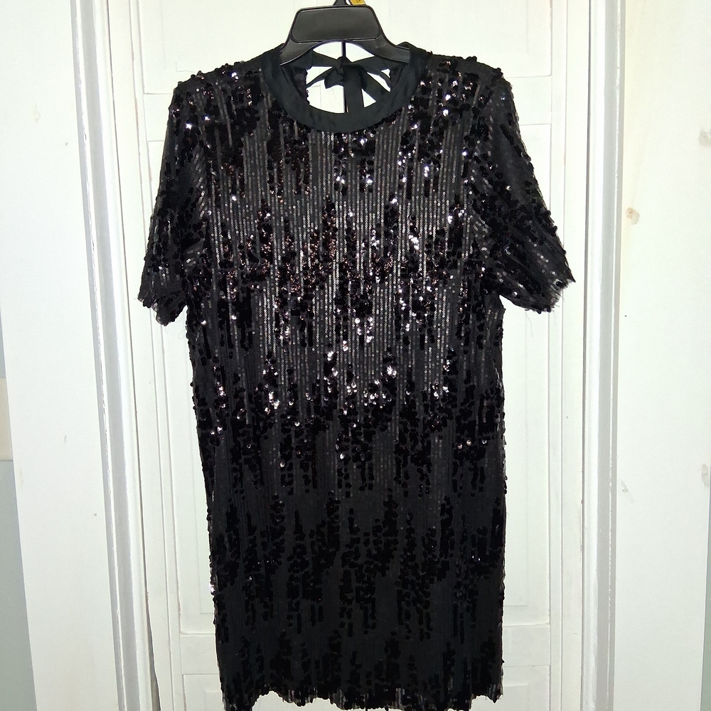 Zara Black Sequence Short Sleeve Midi Evening Dress